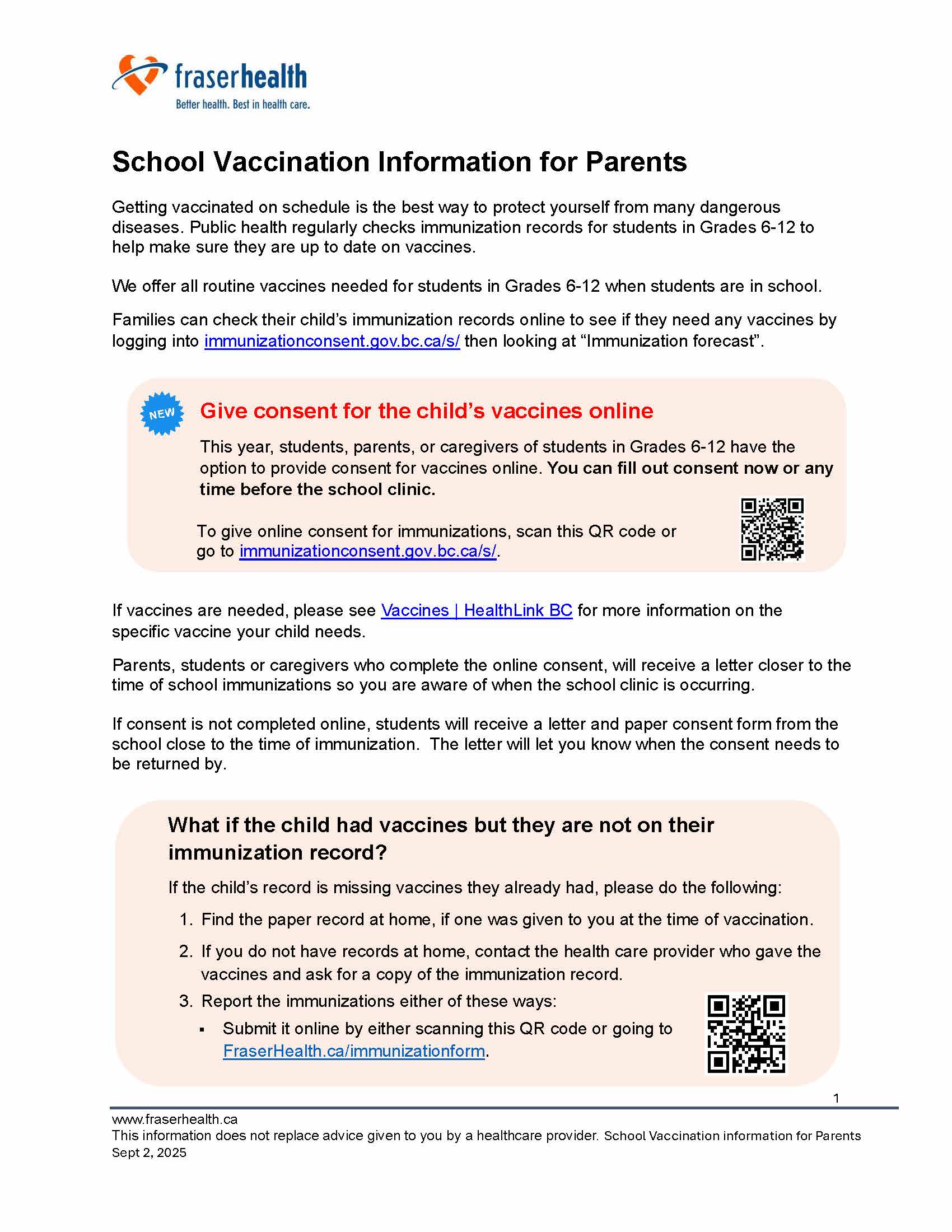 School Vaccination Information Letter